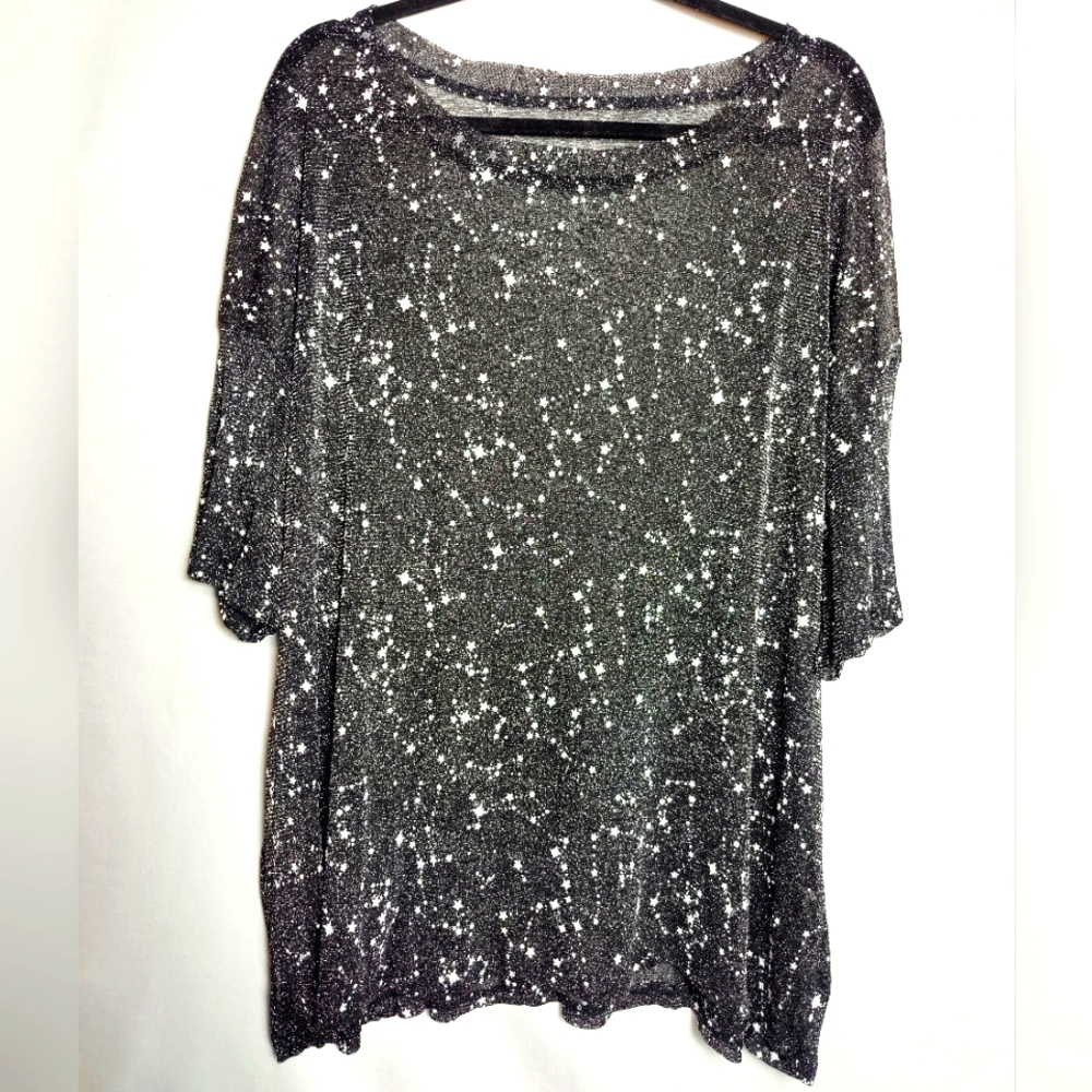 Shein Curve Sheer Black Shirt w Sparkle Stars/Astronomy Pattern, XL